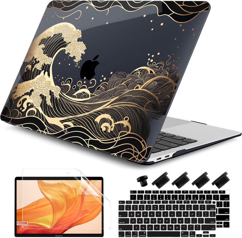 DONGKE Compatible with MacBook Air 13 inch Case 2021 2020 2019 2018 Release A2337 M1 A2179 A1932 with Retina Display Touch ID, Plastic Hard Shell & Keyboard Cover - Golden Wave - Image 1